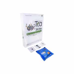 Caja del Kit SmartTea Plan Detox 28 días con sobres de té Rose, Black, Blue y Turmix sobre fondo blanco.